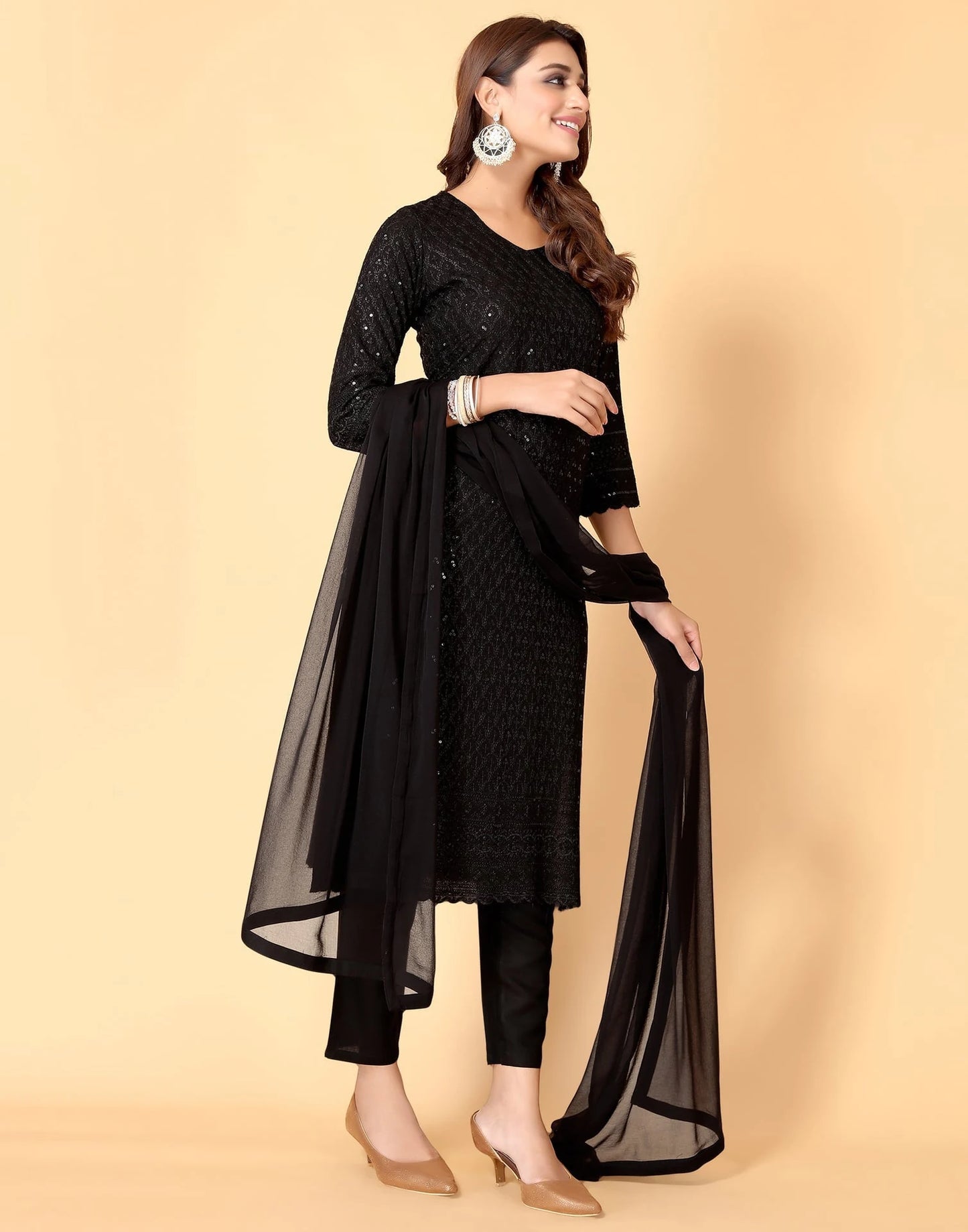 Black Rayon Straight Kurta Set with Sequence Embroidery under 1000