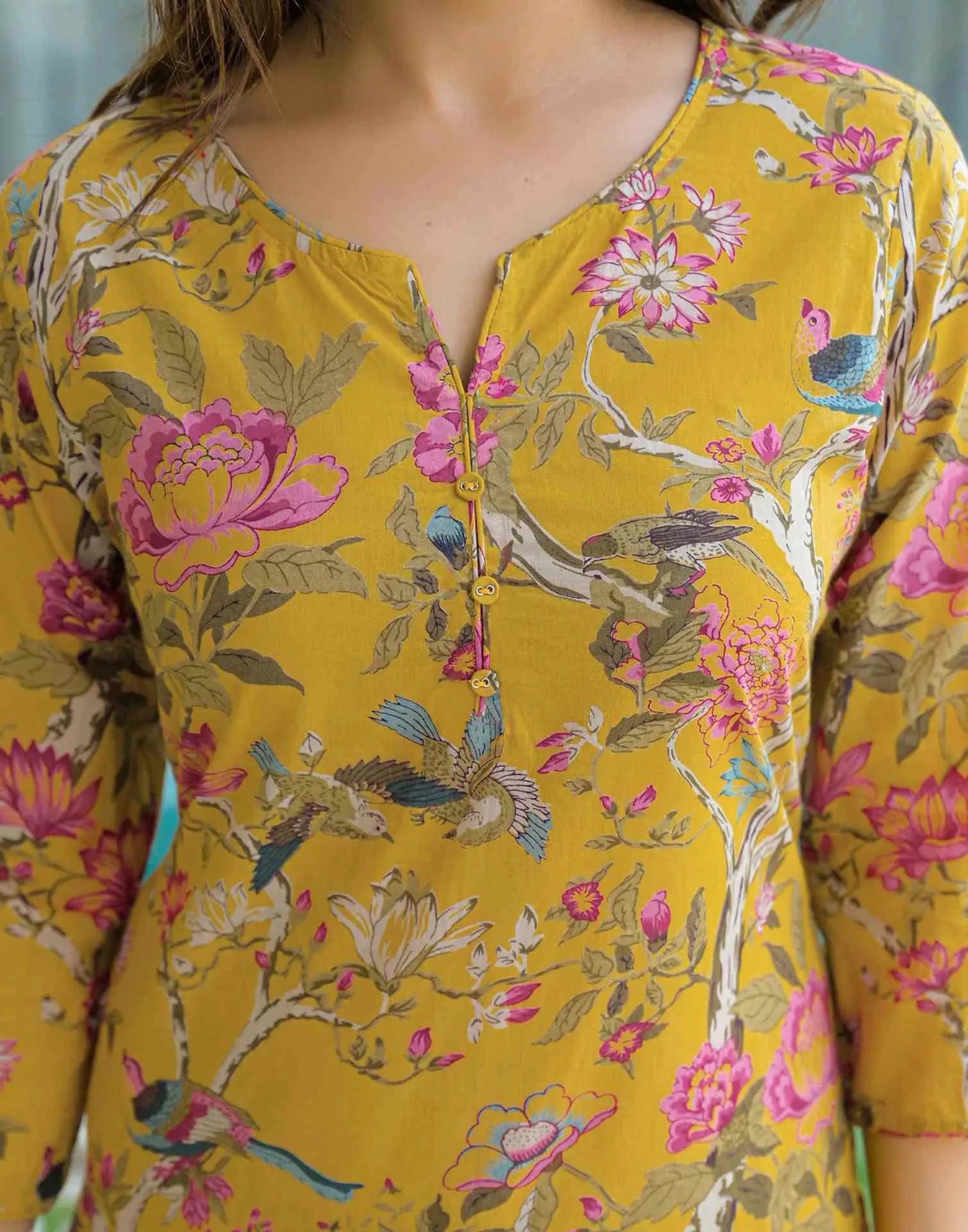 Cotton Printed Straight V-Neck Kurta with Pant & Dupatta