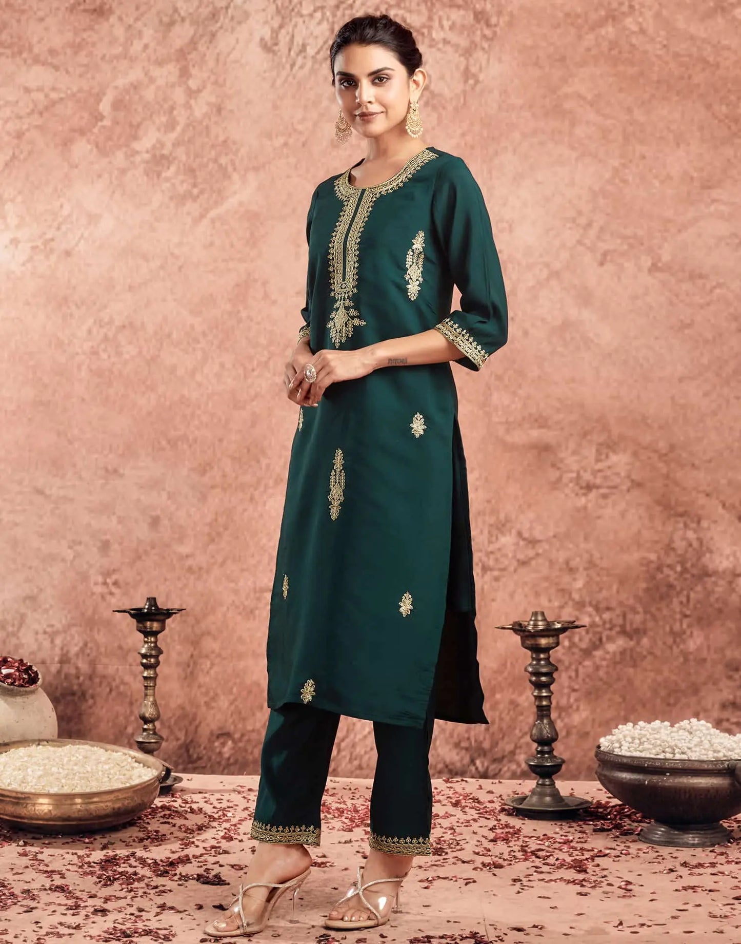 Silk Blend Embroidered Straight Kurta with Pant & Dupatta