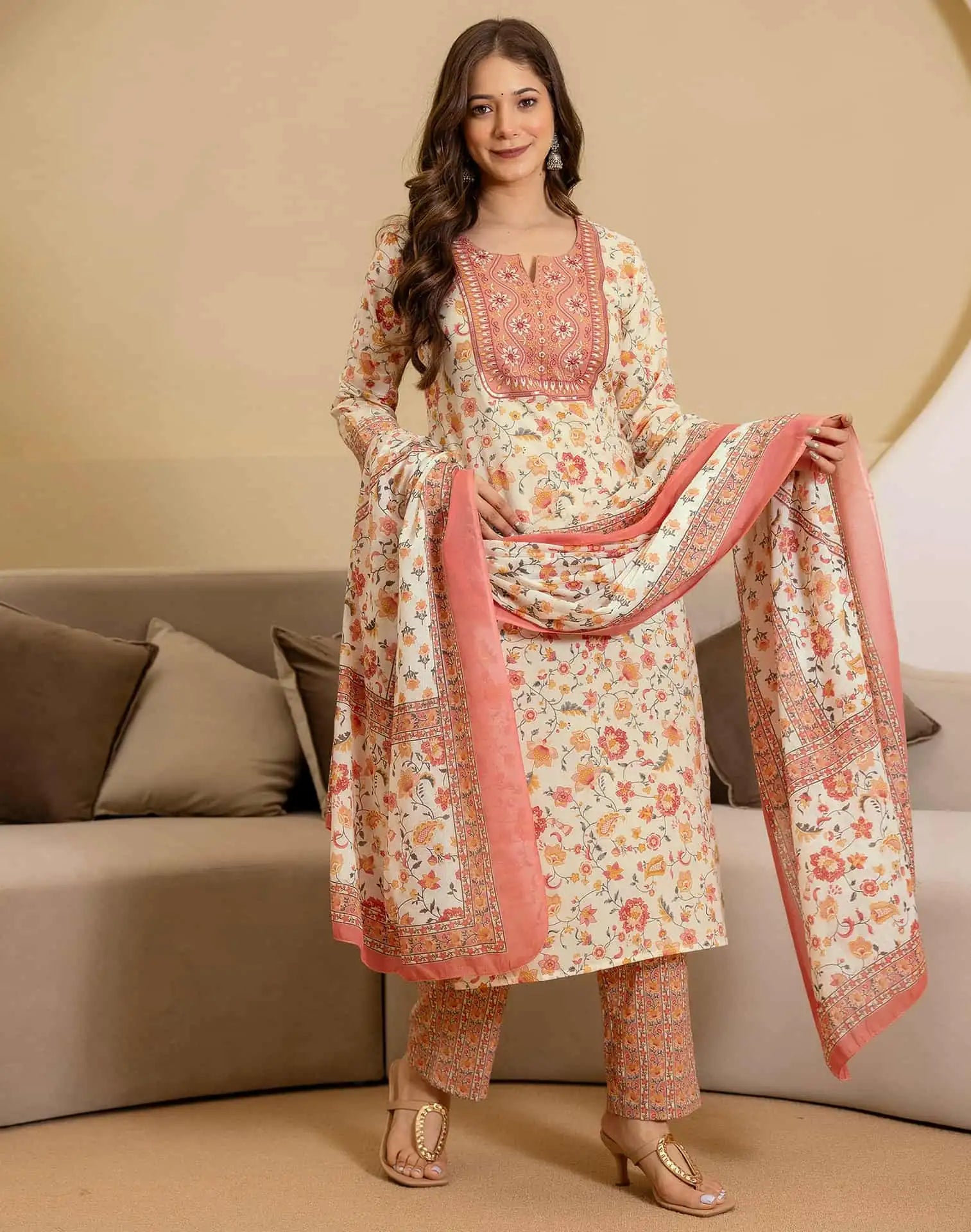 Multi Cotton Printed Straight Kurta with Pant & Dupatta
