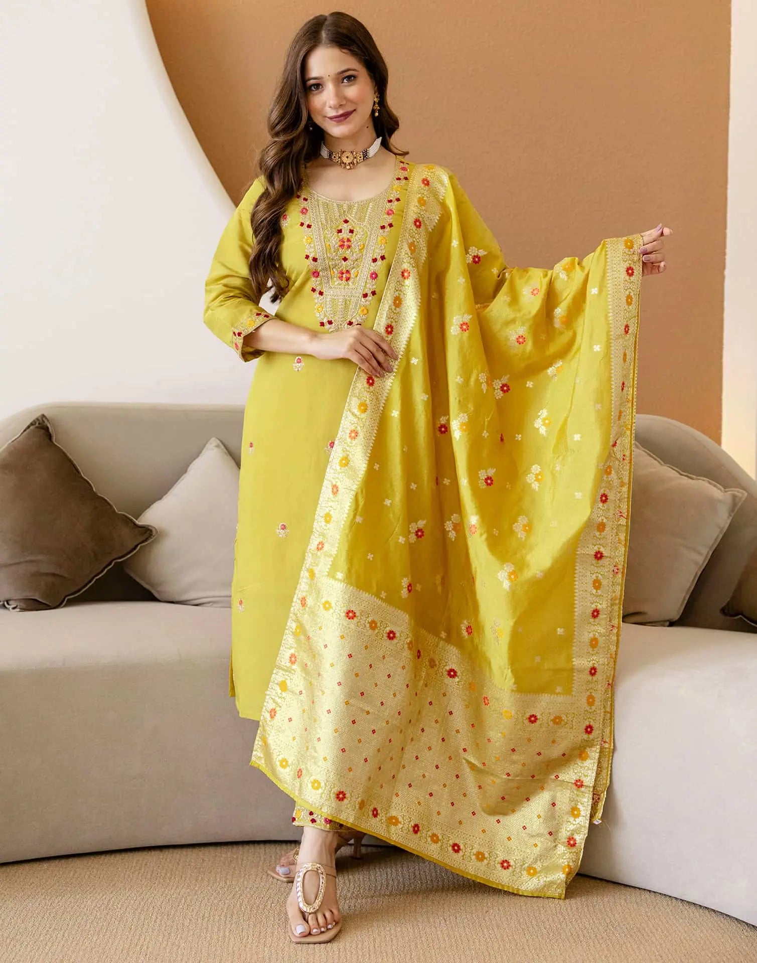 Yellow Silk Embroidered Straight Kurta Set with Pant & Dupatta for Women under 1299