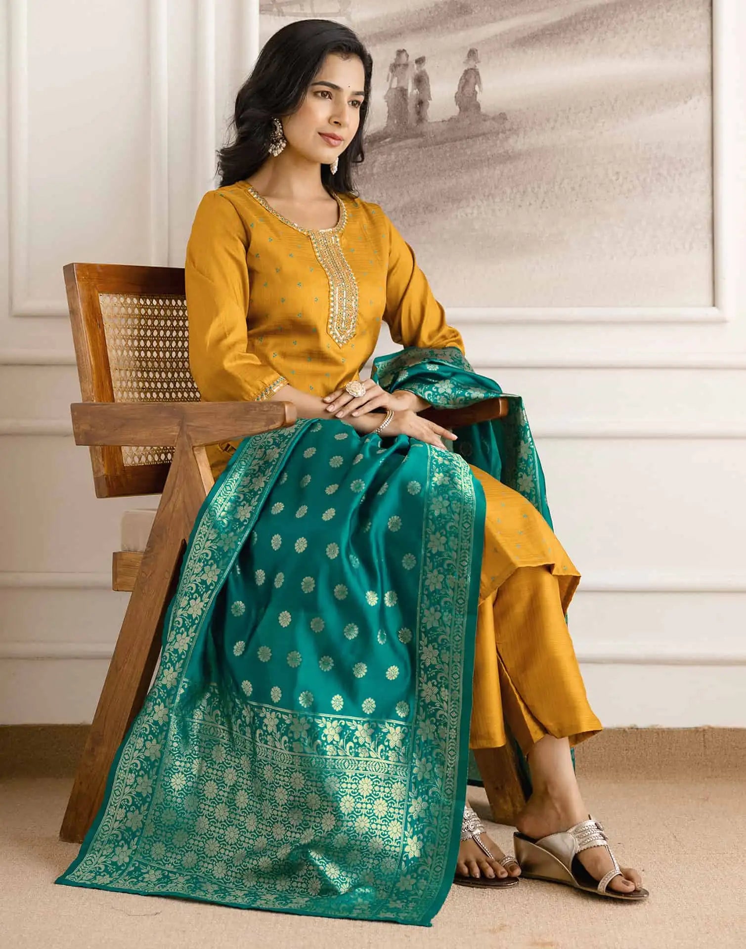 Yellow Silk Embroidered Straight Kurta Set with Pant & Dupatta. is perfect for weddings, festive occasions