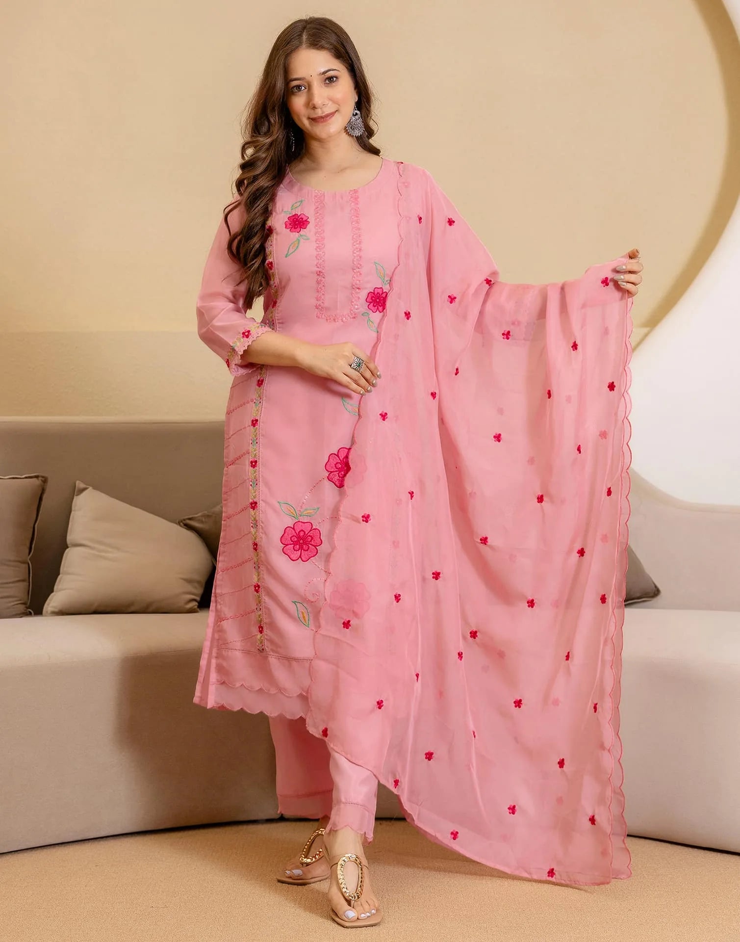 Skylee Silk Embroidered Straight Kurta with Pant & Dupatta for Women
