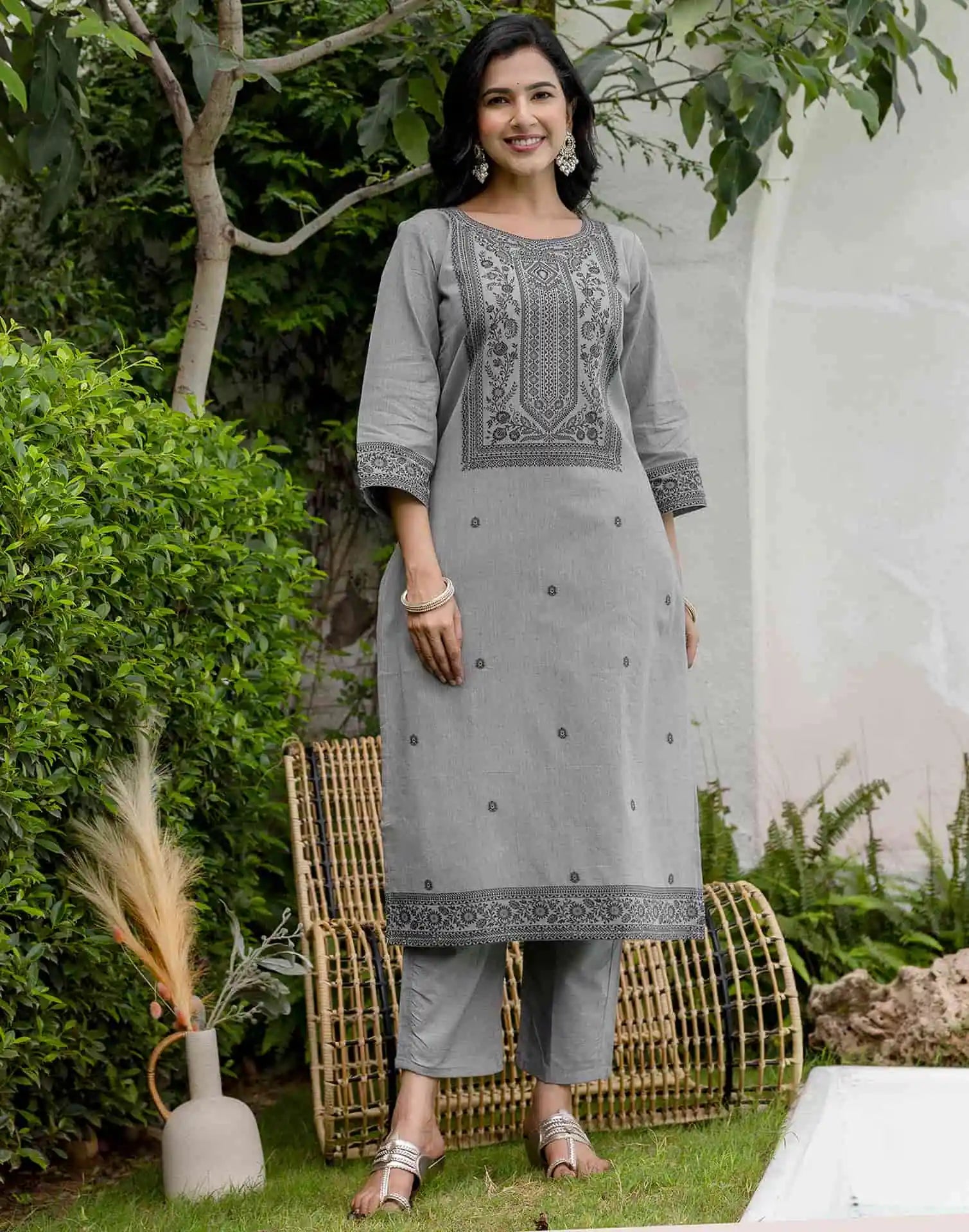 Grey Cotton Kurta Set with Dupatta Soft & Light Daytime Wear for Women