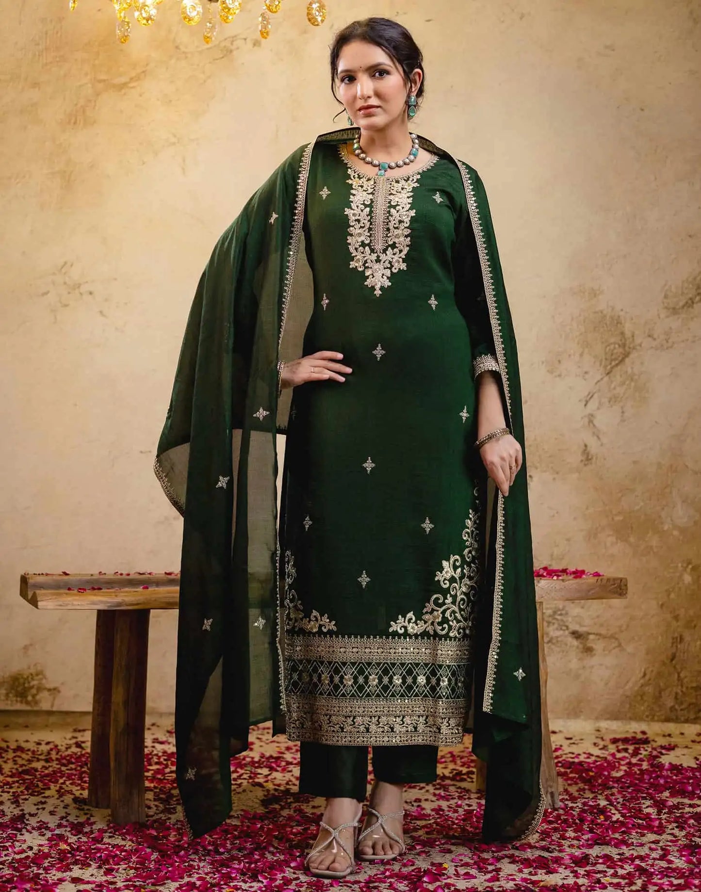 Silk Straight Embroidery Round Neck Kurta with Pant & Dupatta
