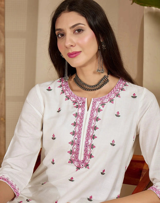 Cotton Embroidered Round Neck Straight Kurti