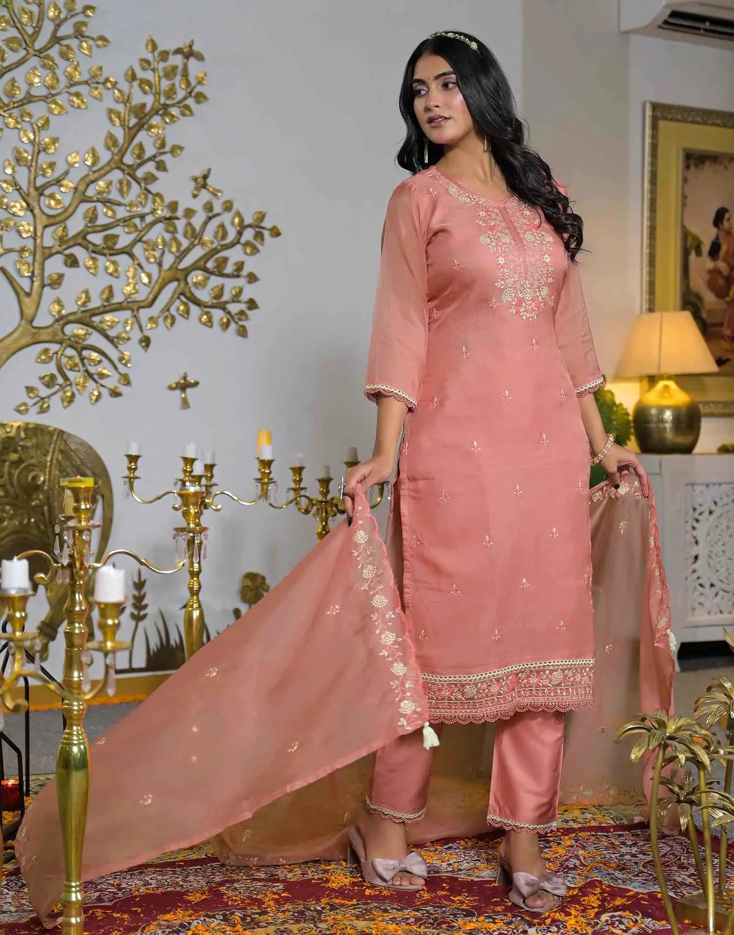 Organza Embroidered Straight V-Neck Kurta with Pant & Dupatta