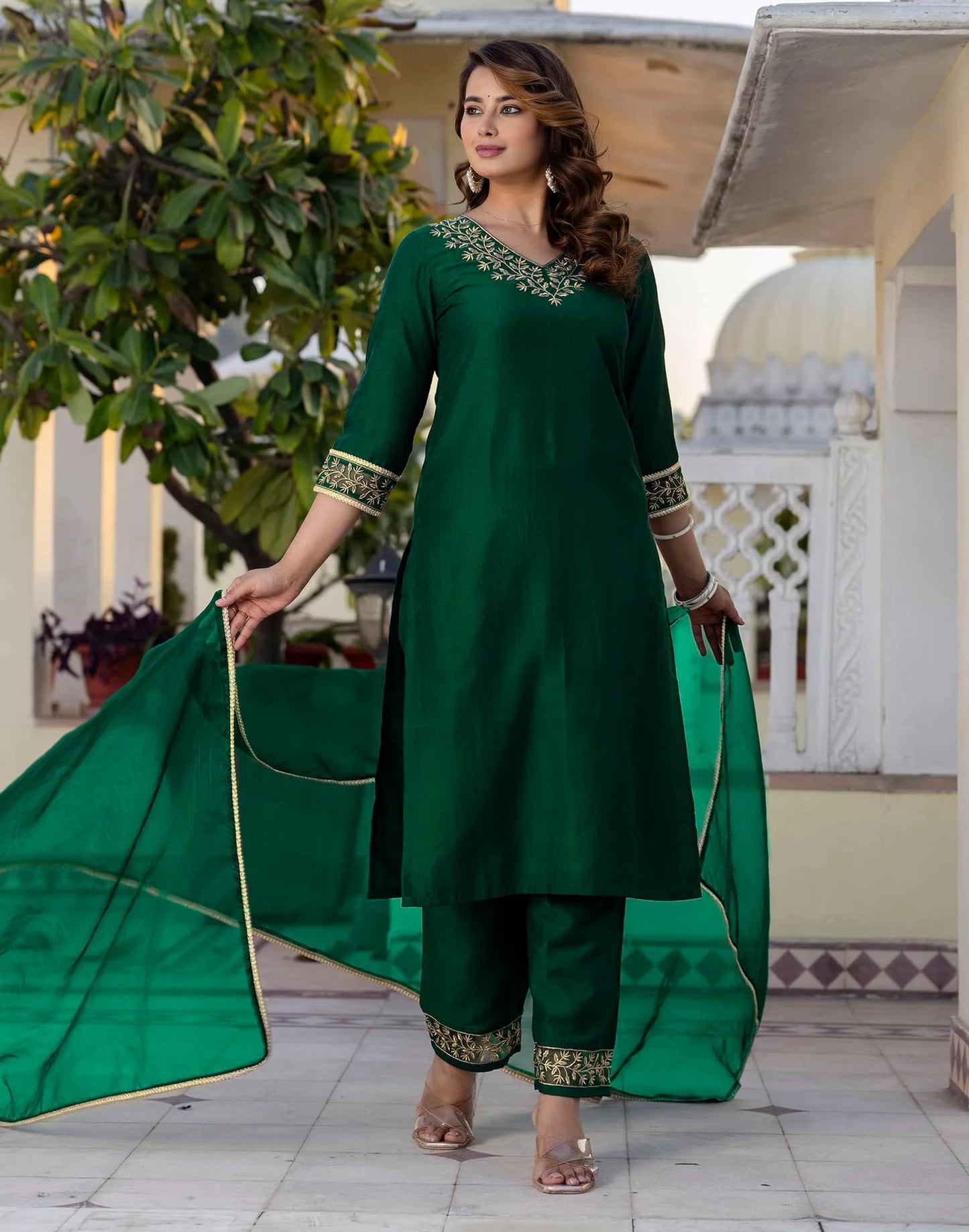 Silk Blend Sequins, Embroidery and Lace Straight Kurta with Pant & Dupatta