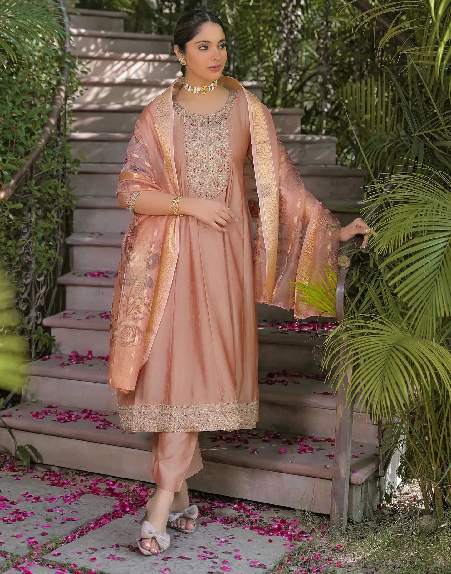 Silk Embroidered Round Neck Flared Kurta with Pant & Dupatta