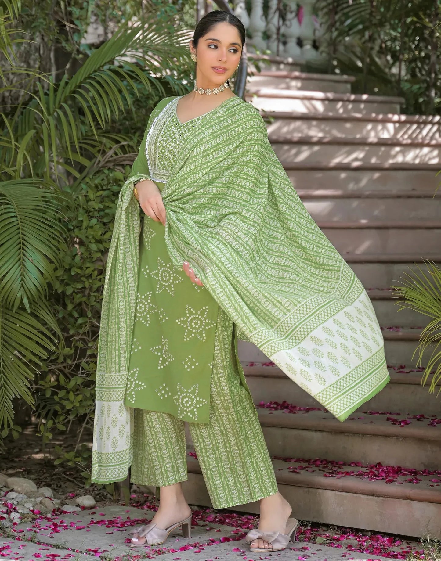 Cotton Embroidered V-Neck Straight Kurta with Pant & Dupatta