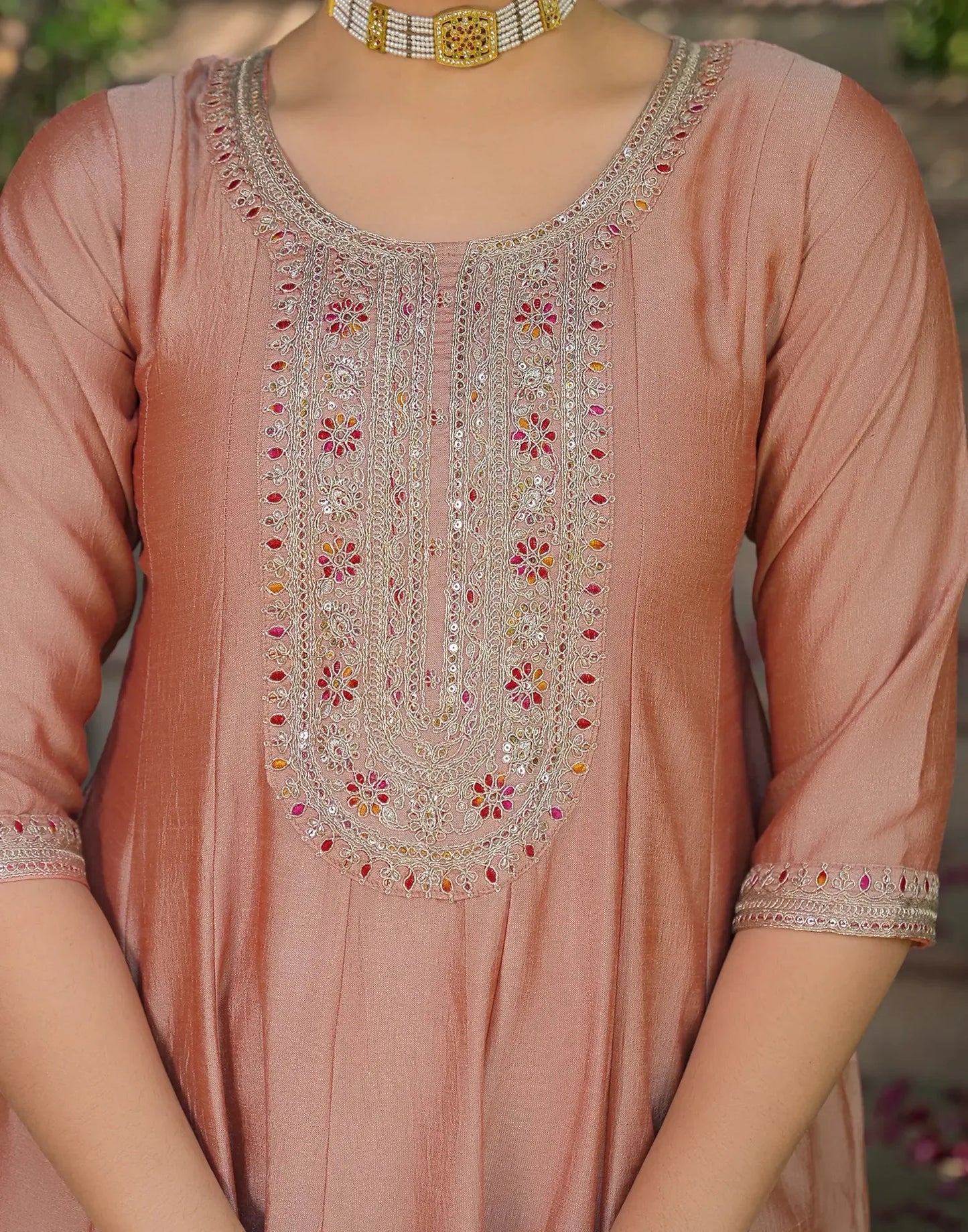 Silk Embroidered Round Neck Flared Kurta with Pant & Dupatta
