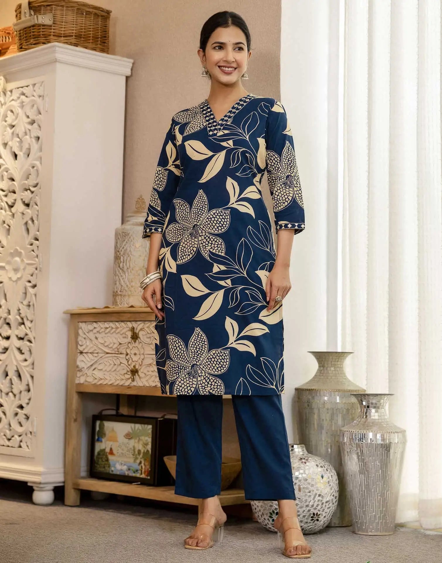 Blue Cotton Printed Straight Kurta Set with Pant & Dupatta under 799