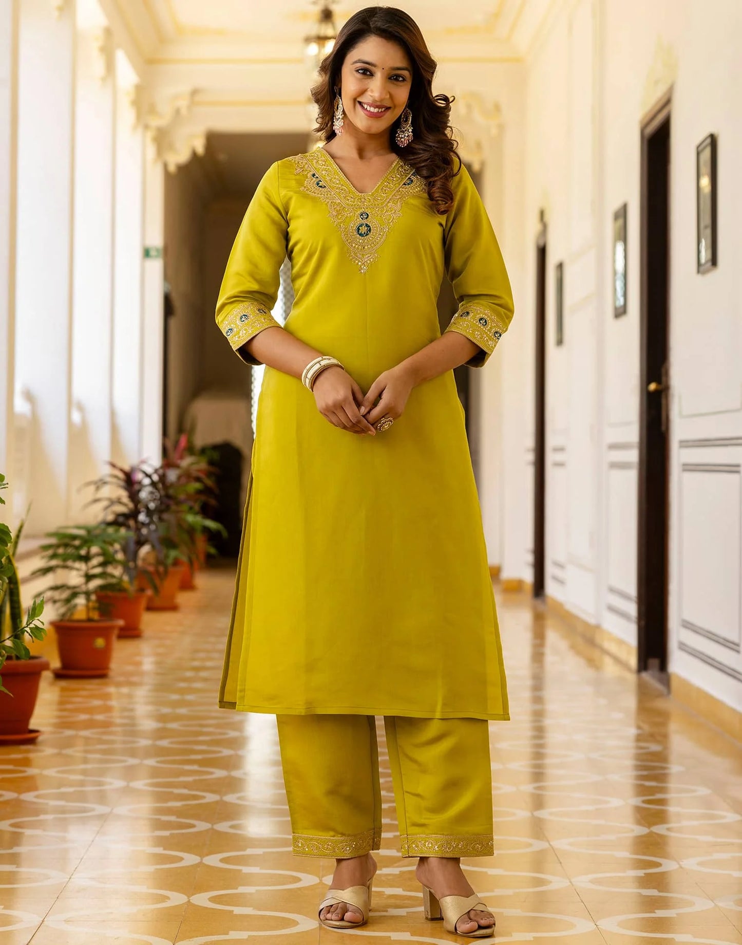 Silk Embroidery and Sequins Work Straight Kurta with Pant & Dupatta