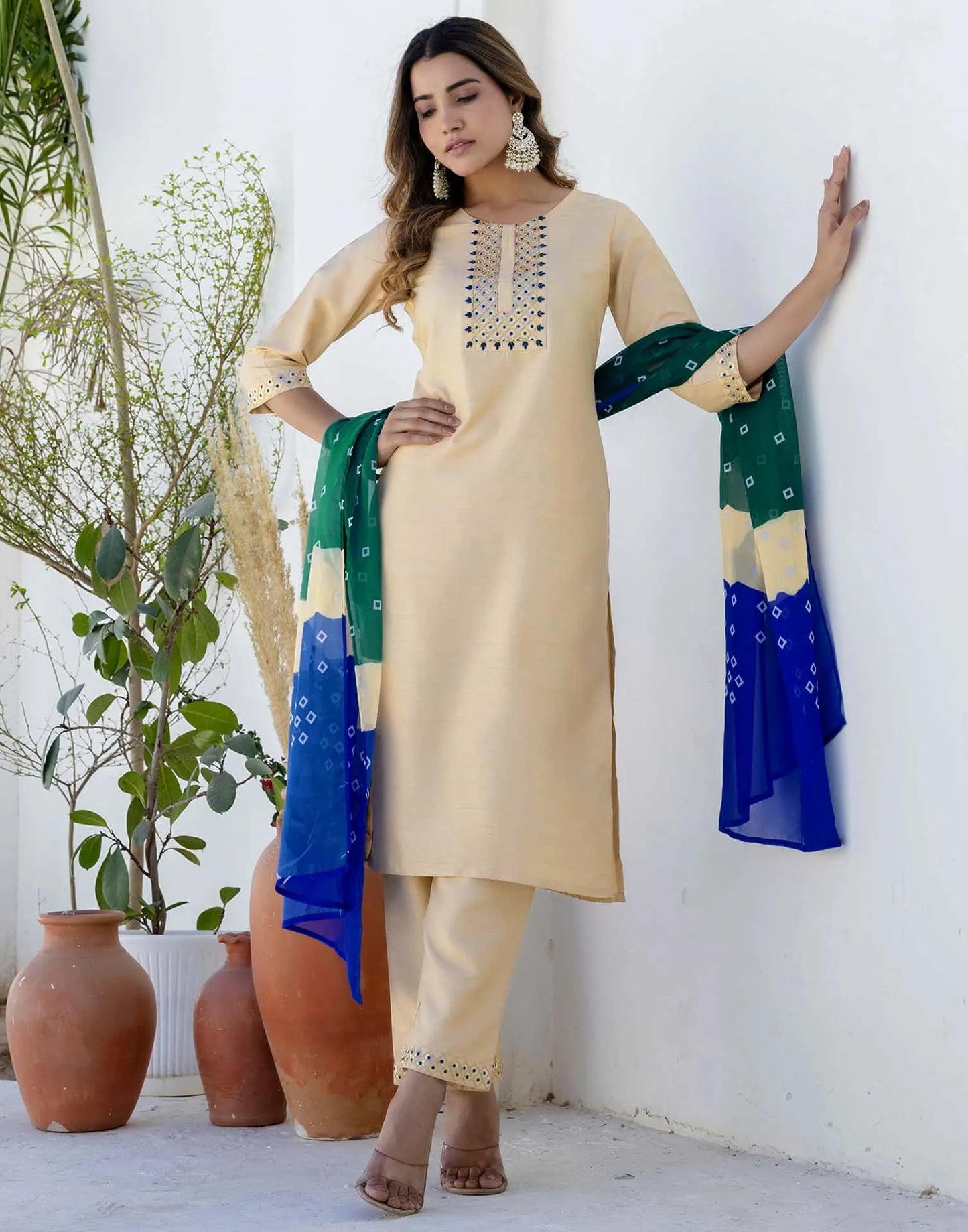 Silk Embroidery and Sequins Work, Embroidery Lace Straight Kurta with Pant & Dupatta