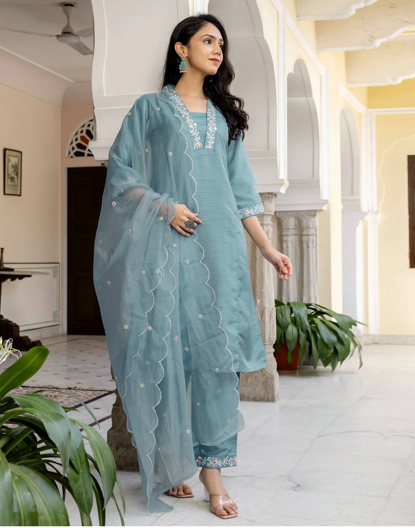 Blue Silk Blend Embroidered Straight Kurta Set with Pant and Dupatta for Women