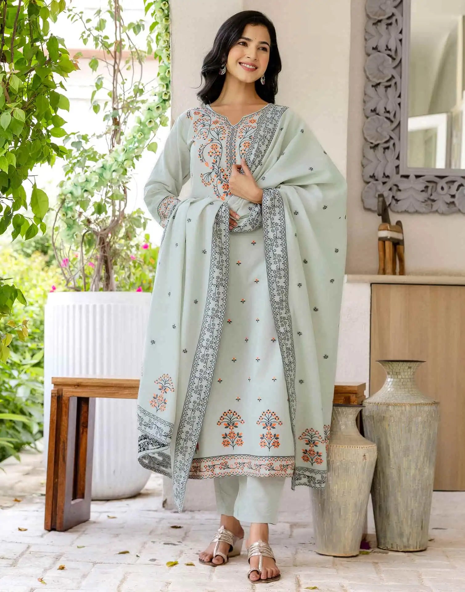 Grey Cotton Woven Straight Kurta Set with Pant & Dupatta under 1250 