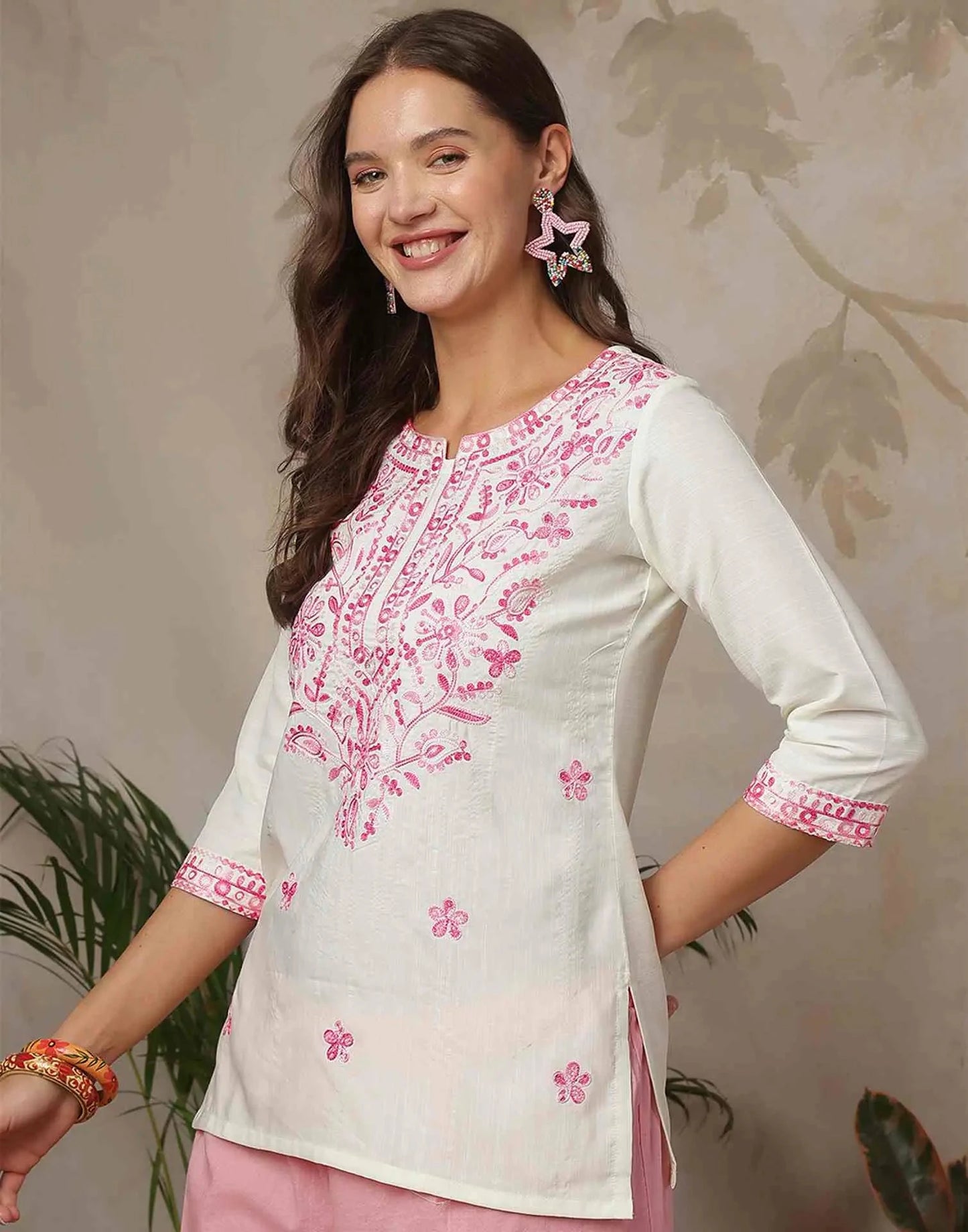 Cotton Blend Chikankari Straight Round Neck Short Kurti