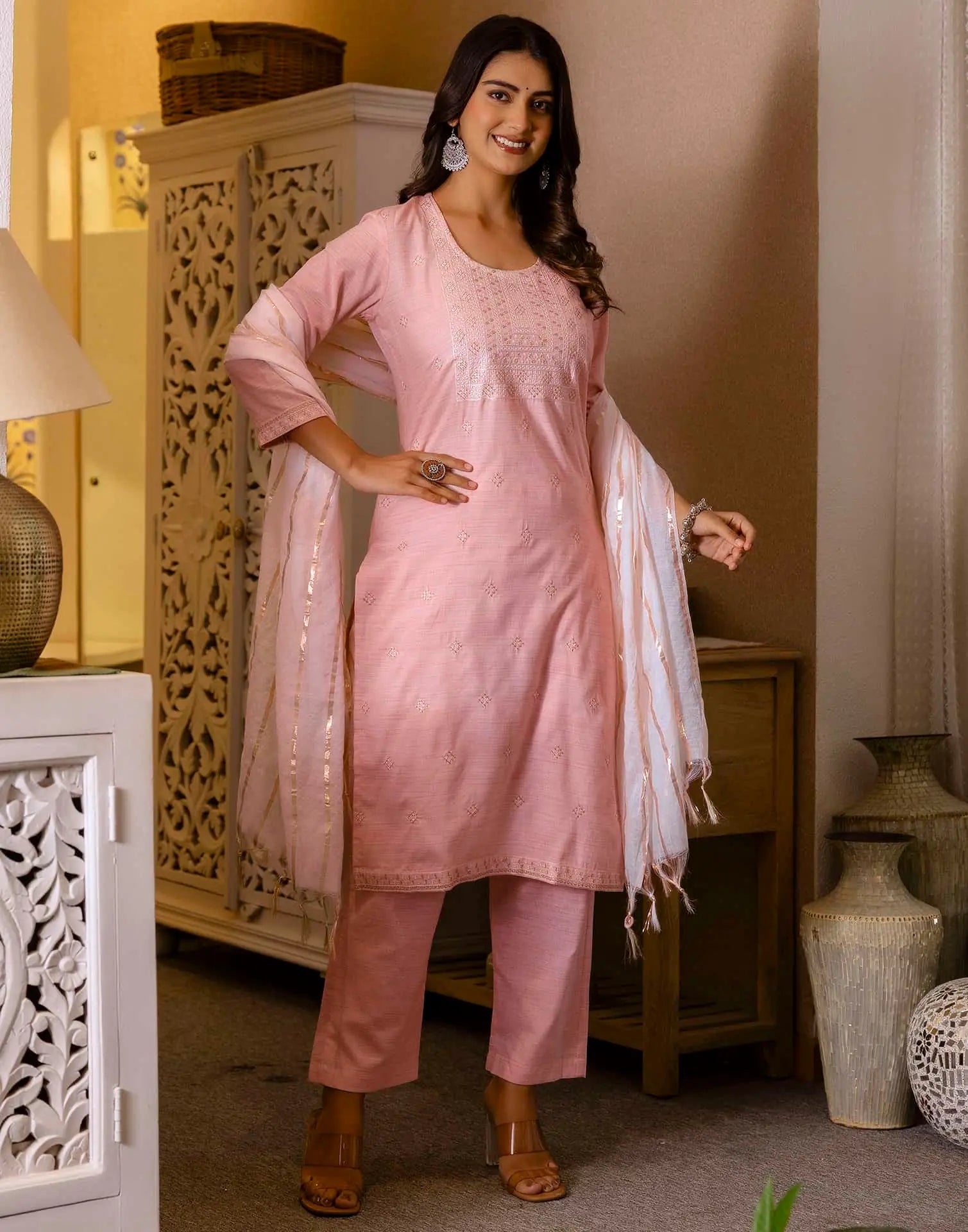 Pink Cotton Woven Design Straight Kurta Set for Women with Pant and Dupatta
