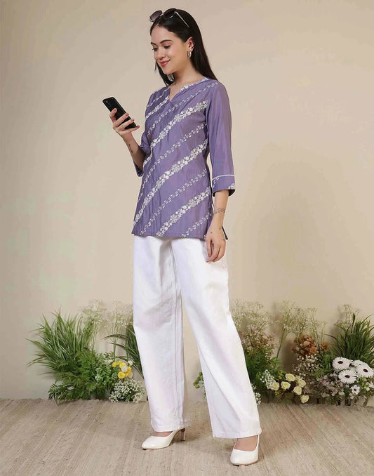 Silk Blend Chikankari Straight Round Neck Short Kurti