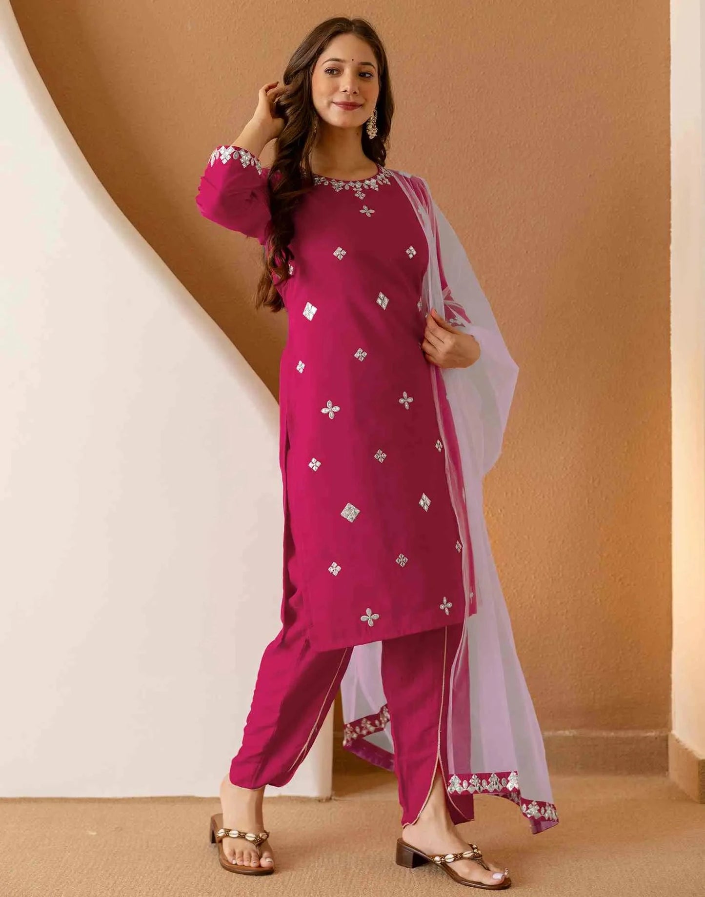 Chinnon Embroidered Straight Round Neck Kurta with Pant & Dupatta