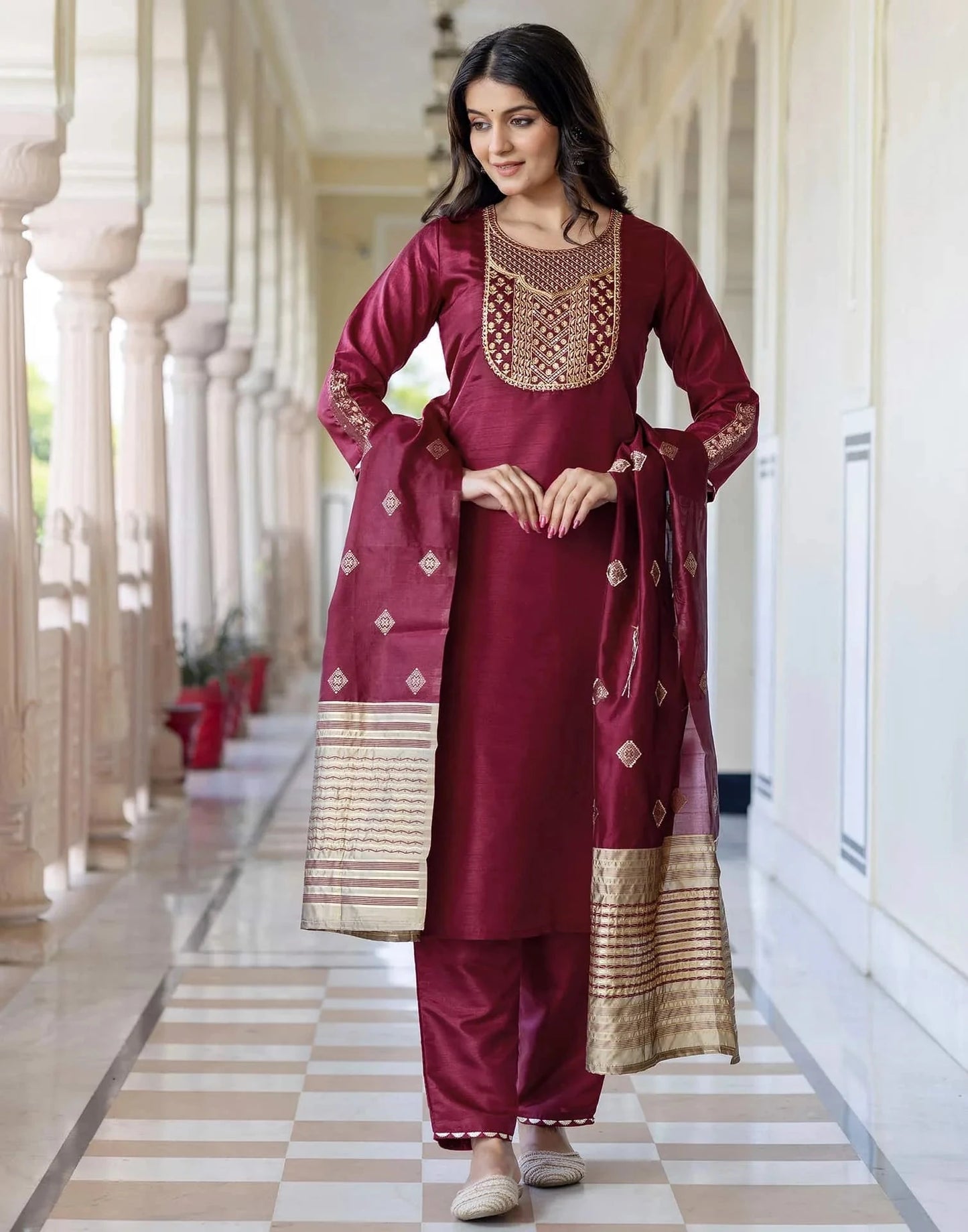 Maroon Silk Embroidered Straight Kurta with Pant & Dupatta for Women