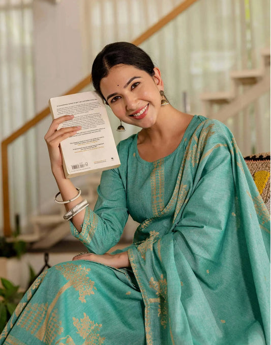 Cotton Weaving Straight Kurta with Pant & Dupatta