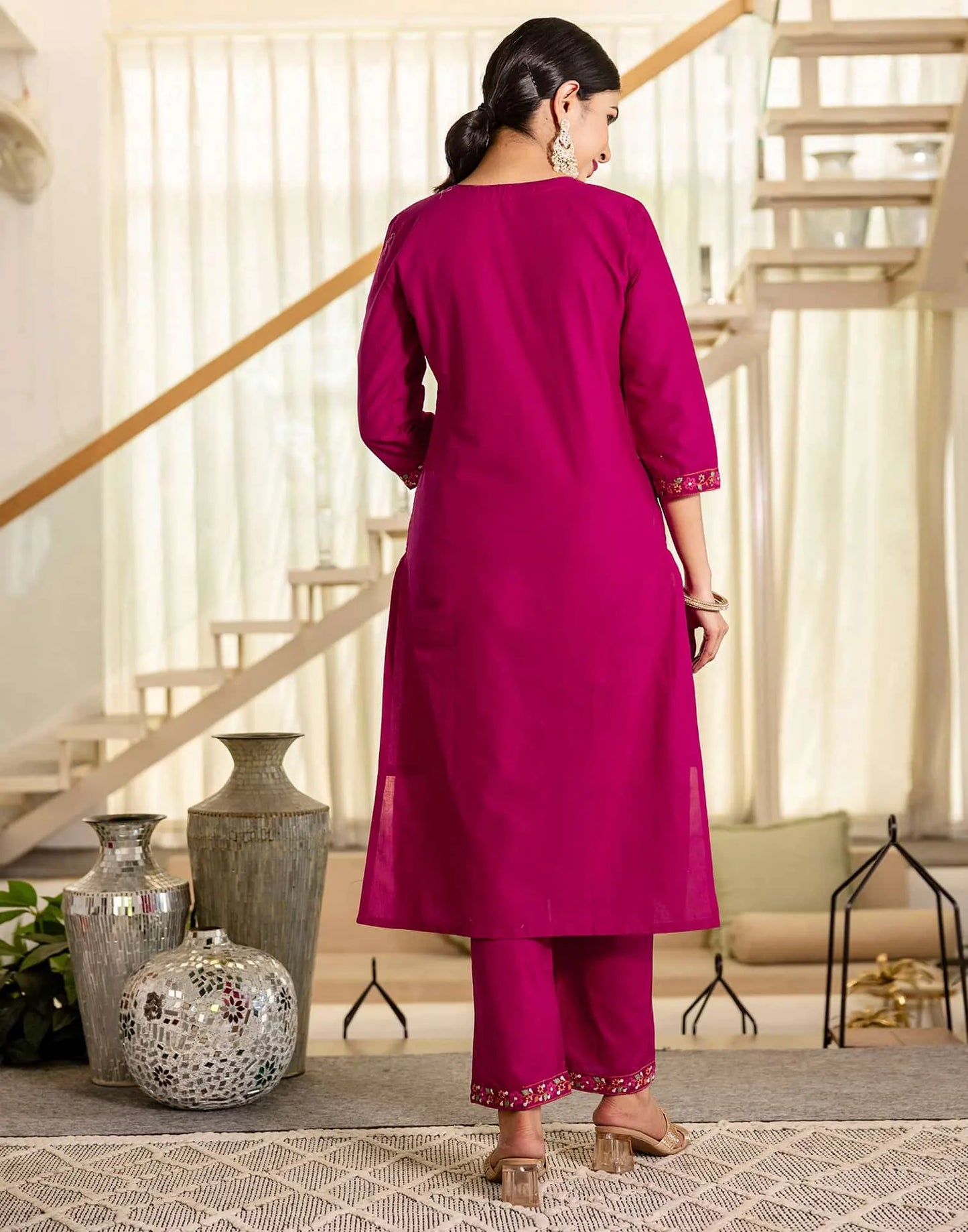 Skylee Pink Cotton Embroidered Straight Kurta with Pant & Dupatta