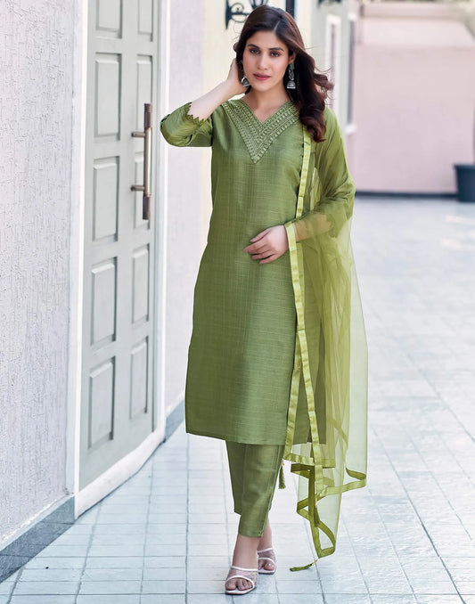 Silk Blend Sequence Embroidery Work and Lace Straight Kurta with Pant & Dupatta