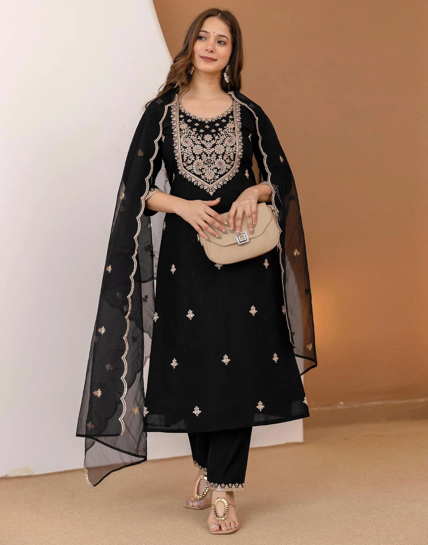 Silk Embroidered Straight Kurta with Pant & Dupatta
