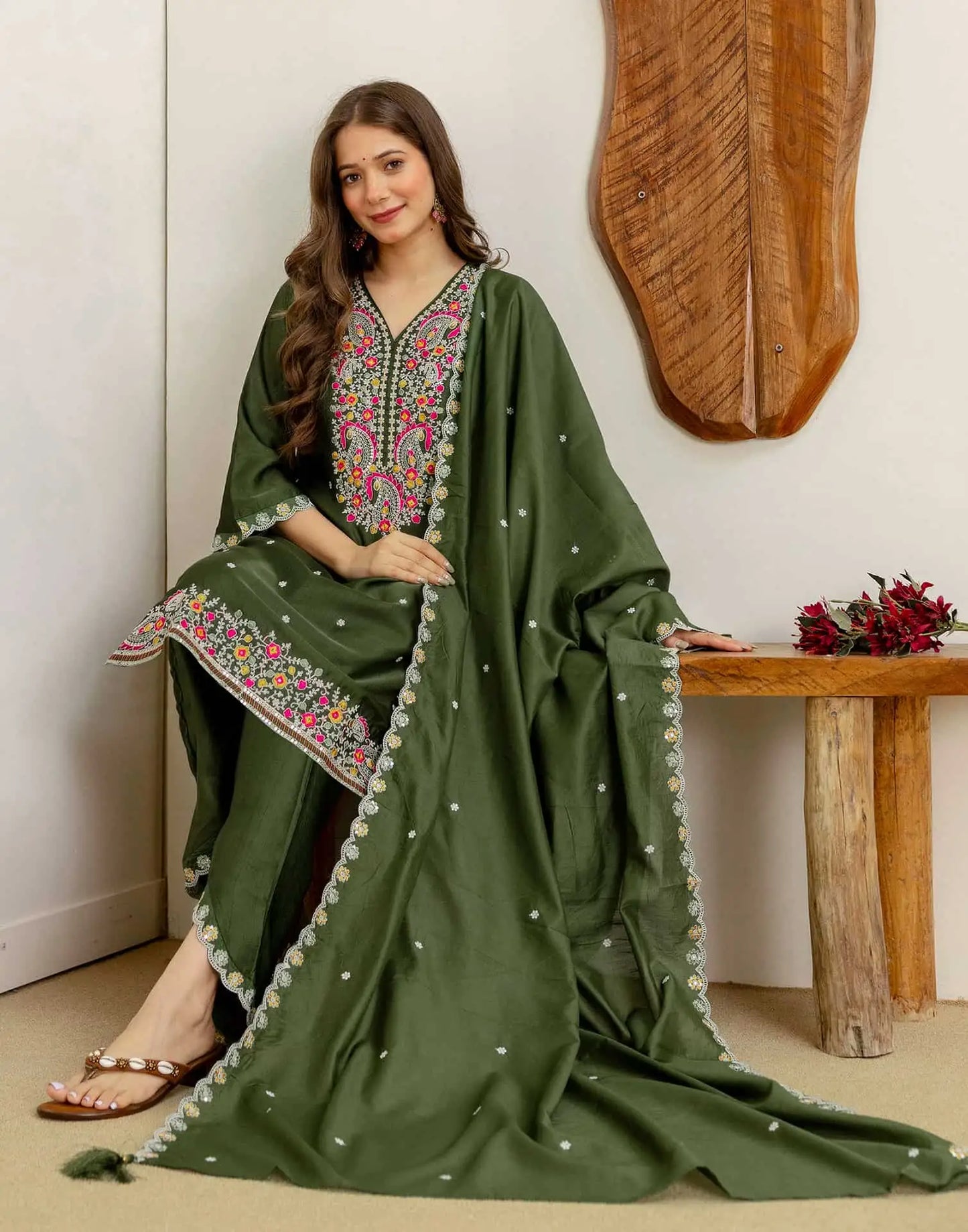 Green Silk Embroidered Straight Kurta Set with Pant and Dupatta for Women under 1299