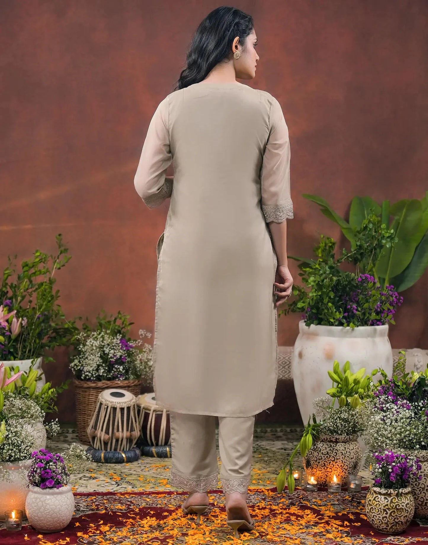 Silk Embroidered Round Neck Straight Kurta with Pant & Dupatta