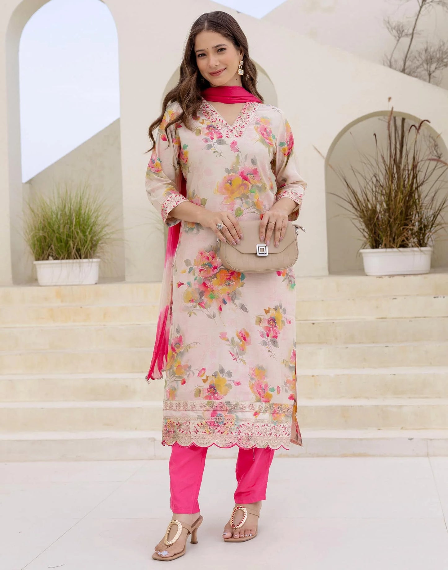 Cotton Blend Printed Straight Kurta with Pant & Dupatta
