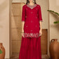 Maroon Silk Embroidered Kurta Set with Dupatta Round Neck Ethnic Wear for Karwa Chauth