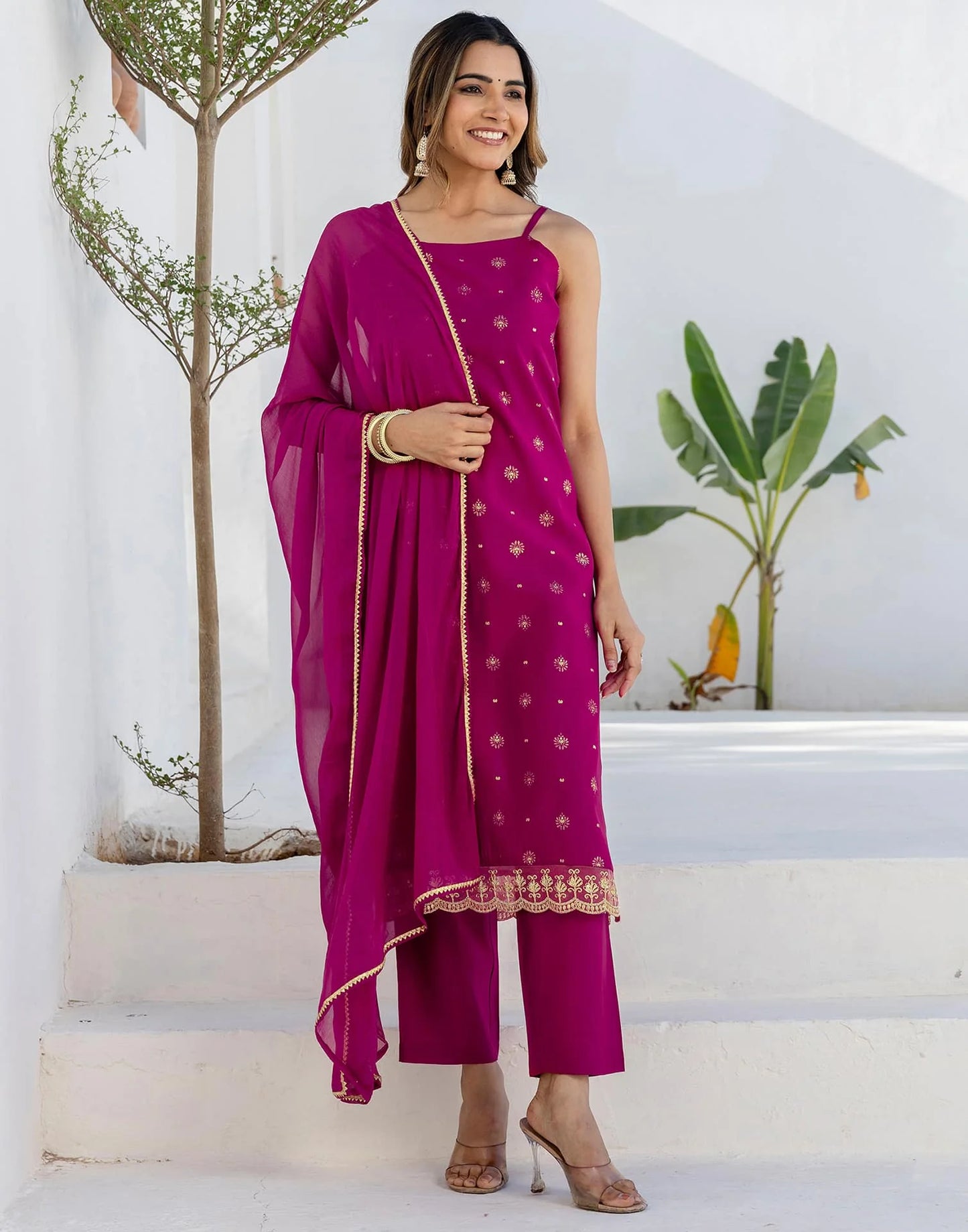 Affordable Ethnic Wear Pink Silk Blend Foil Printed Kurta Set with Embroidery Lace, Pant & Dupatta