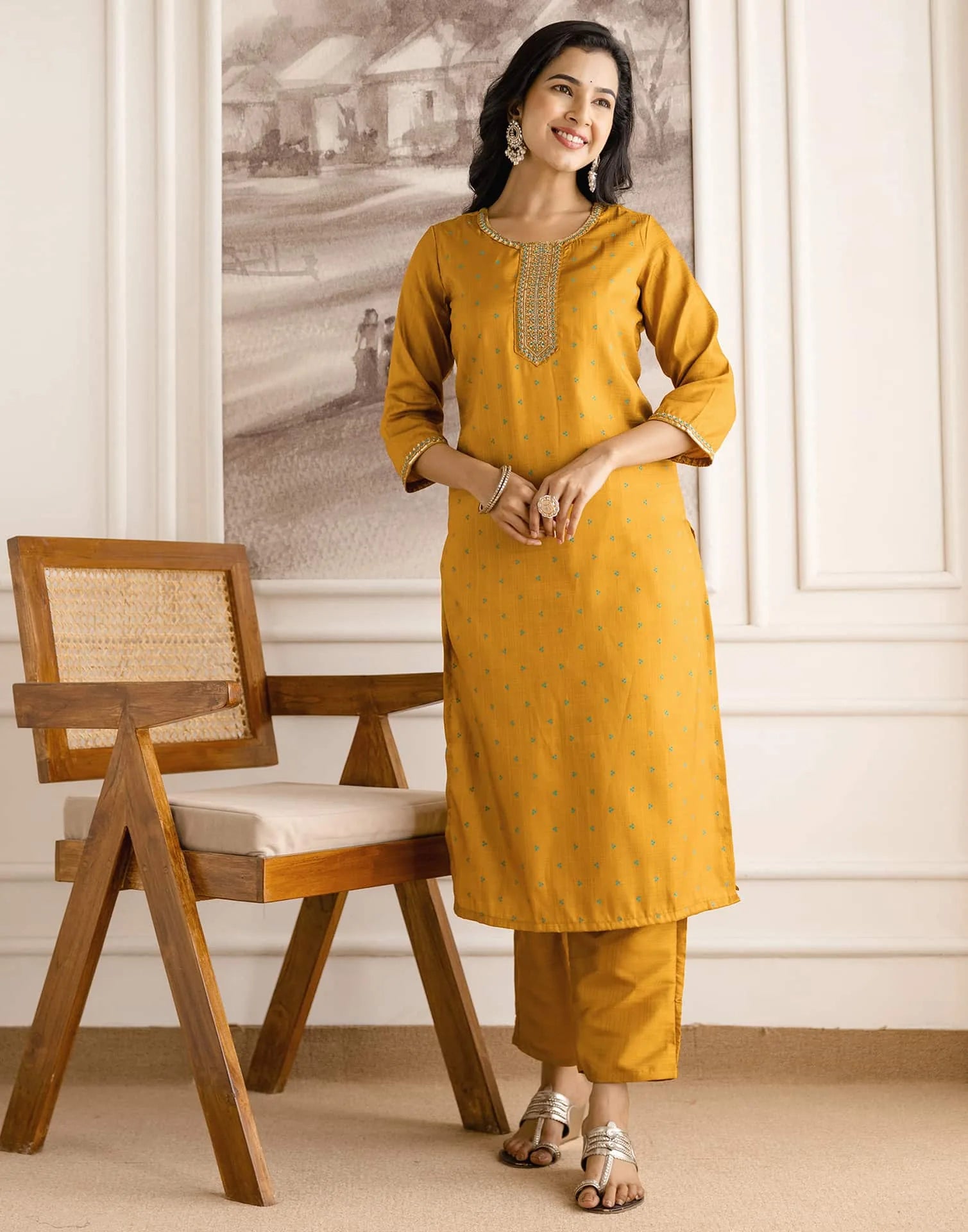 Yellow Silk Embroidered Straight Kurta Set with Pant & Dupatta. is perfect for weddings, festive occasions
