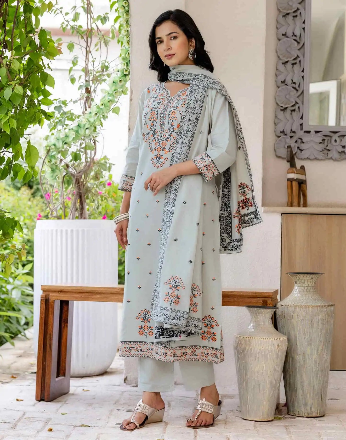 Grey Cotton Woven Straight Kurta Set with Pant & Dupatta under 1250 
