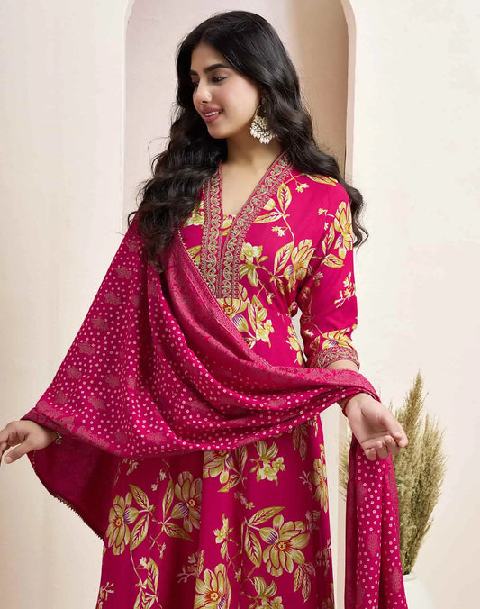 Pink Cotton Printed Anarkali Kurta Set with Pant & Dupatta for Women V-Neck, Casual & Festival Wear Under 1299