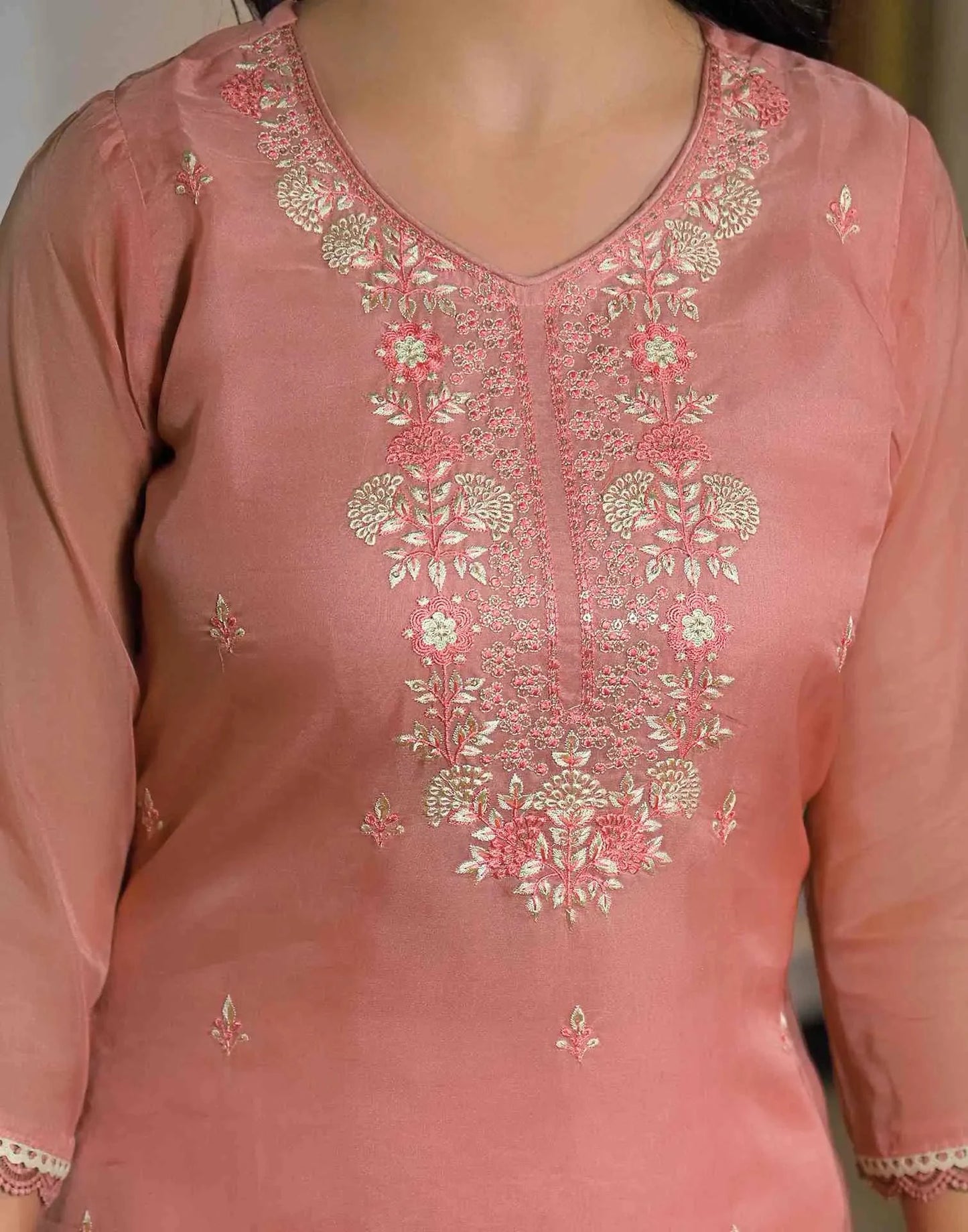 Organza Embroidered Straight V-Neck Kurta with Pant & Dupatta