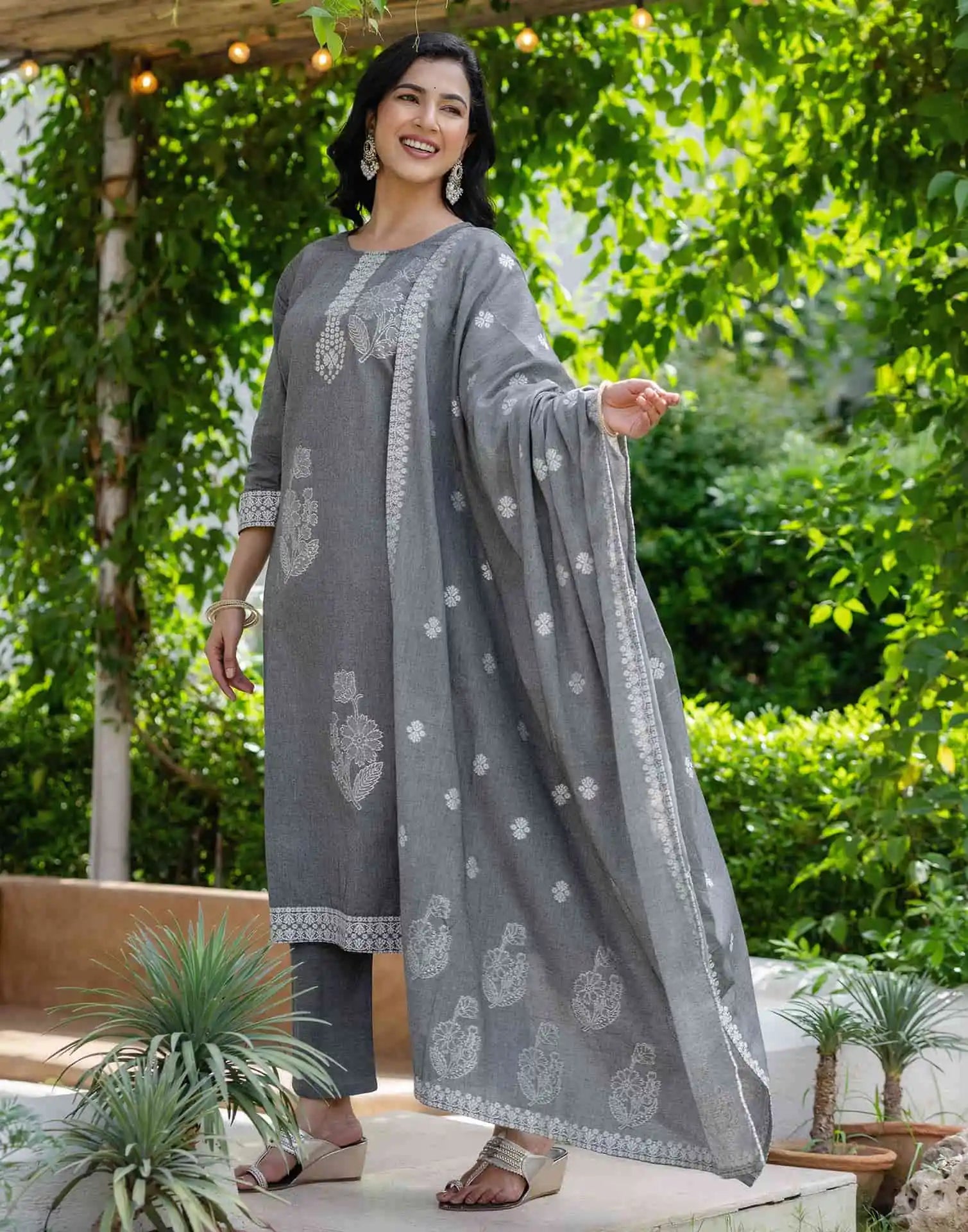 Grey Cotton Woven Straight Kurta Set with Pant & Dupatta under 1250 
