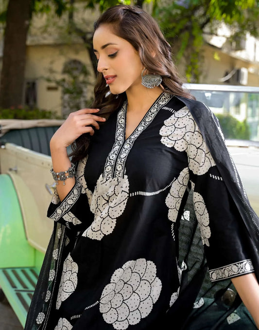 Affordable Black Cotton Printed A-Line Kurta Set with Pant & Dupatta 799