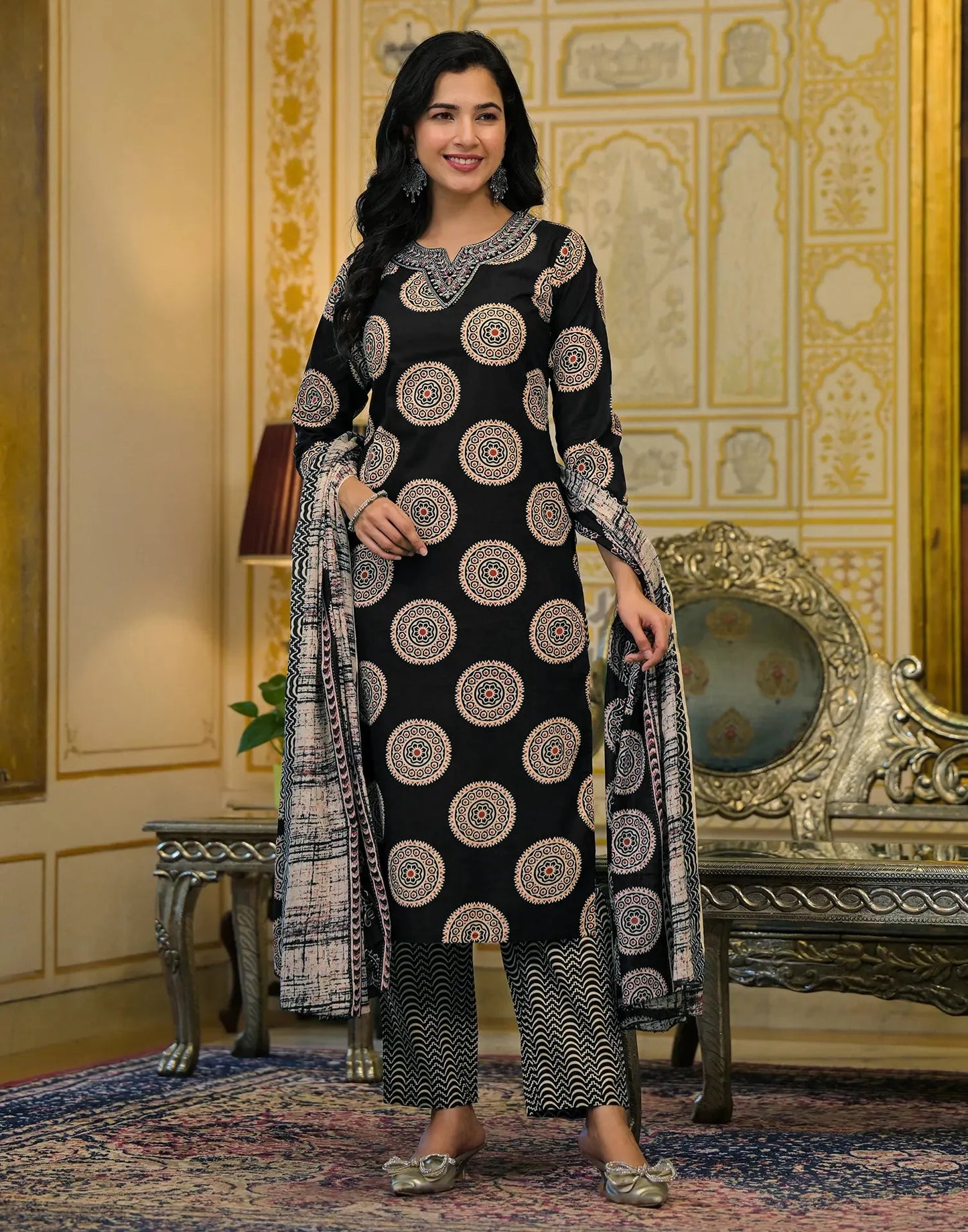 Cotton Embroidered V-Neck Straight Kurta with Pant & Dupatta