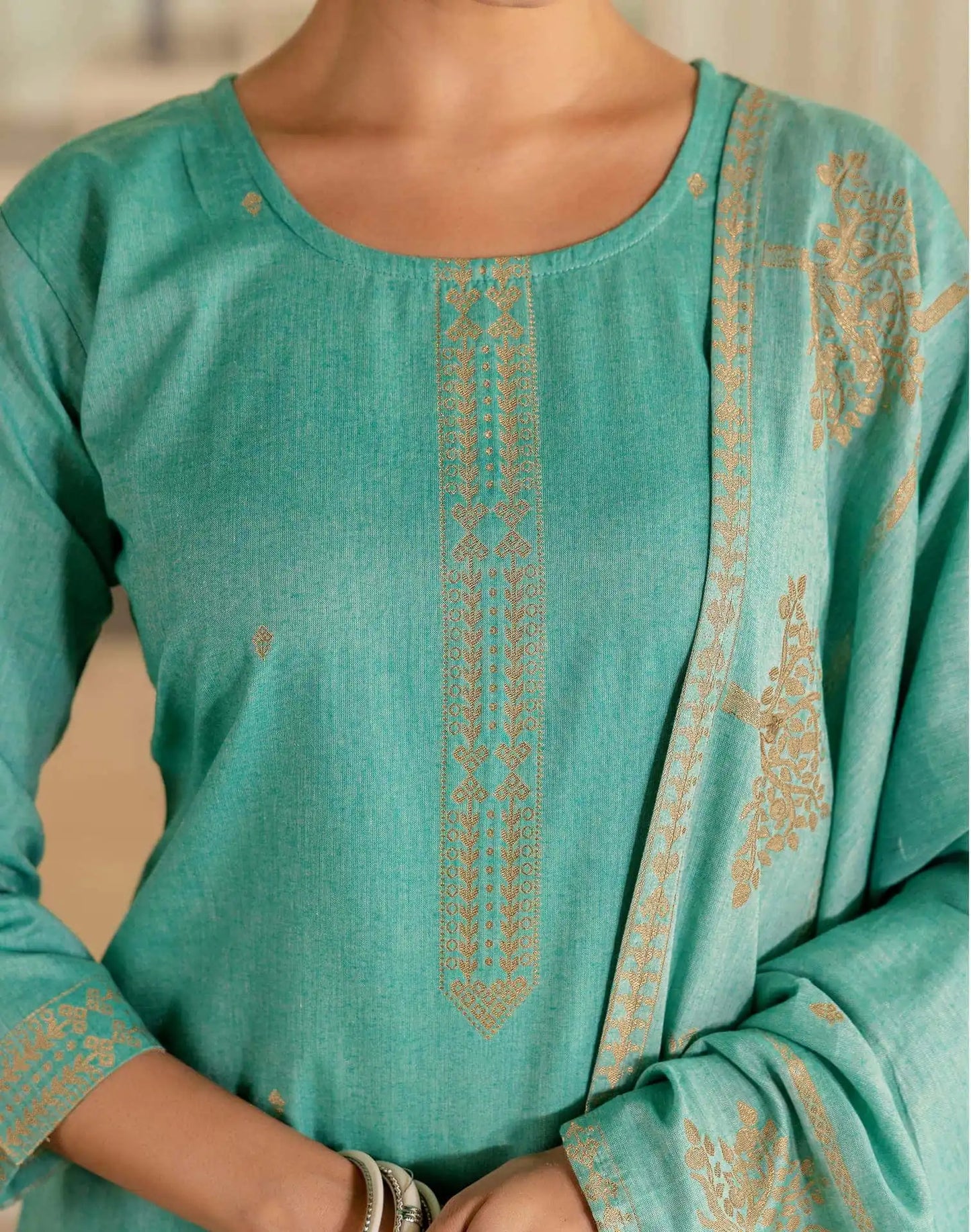 Cotton Weaving Straight Kurta with Pant & Dupatta