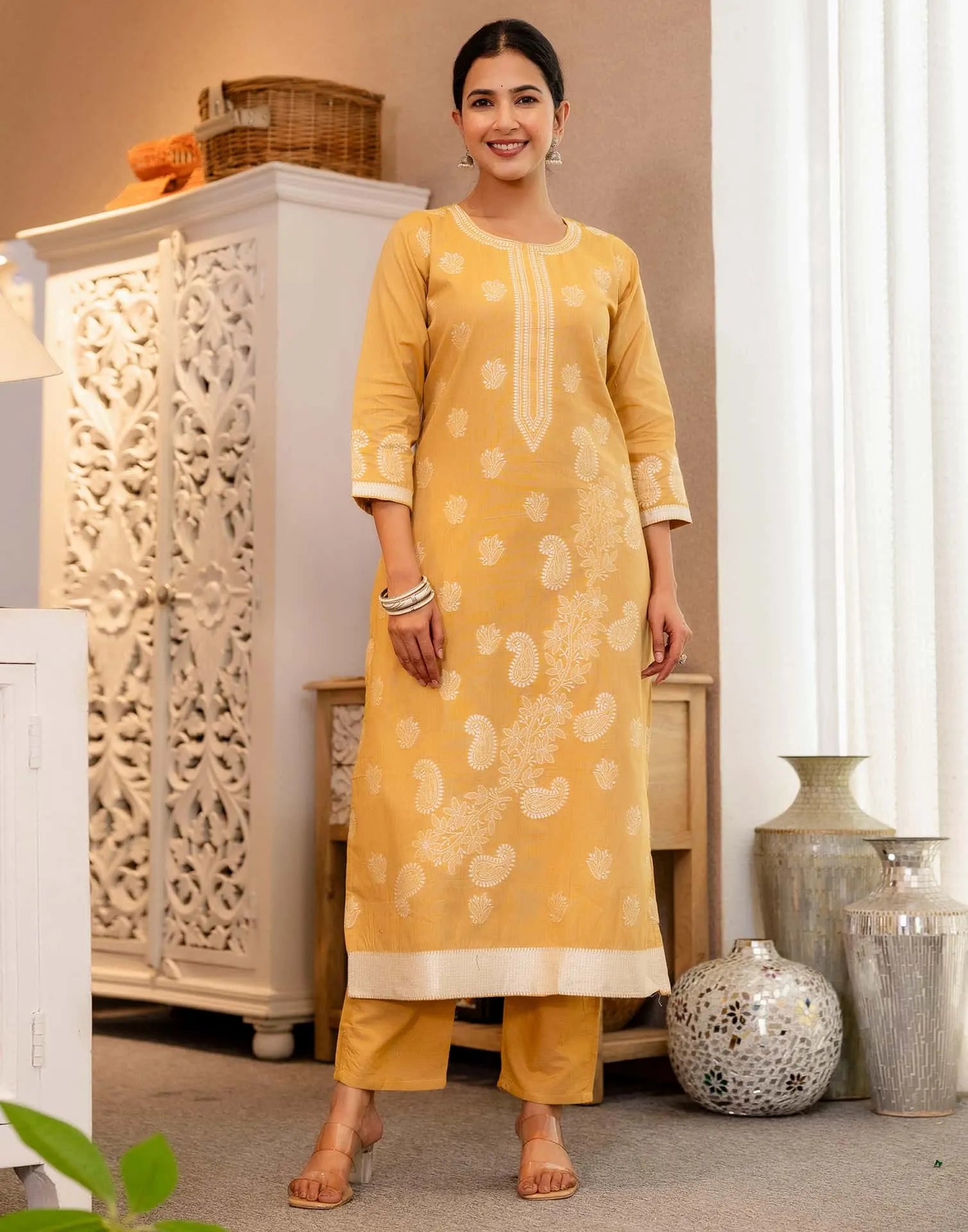 Yellow Cotton Woven Straight Kurta Set with Pant & Dupatta under 1250