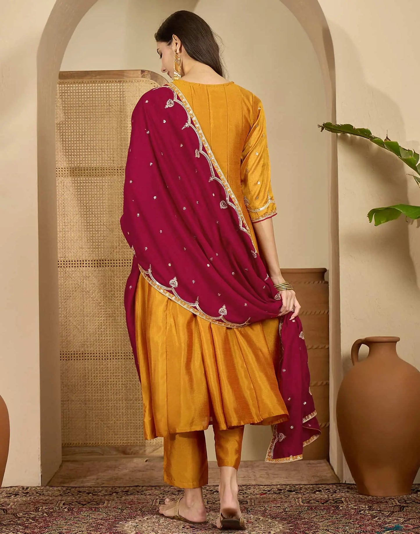 Silk Anarkali Embroidery Square Neck Kurta with Pant & Dupatta