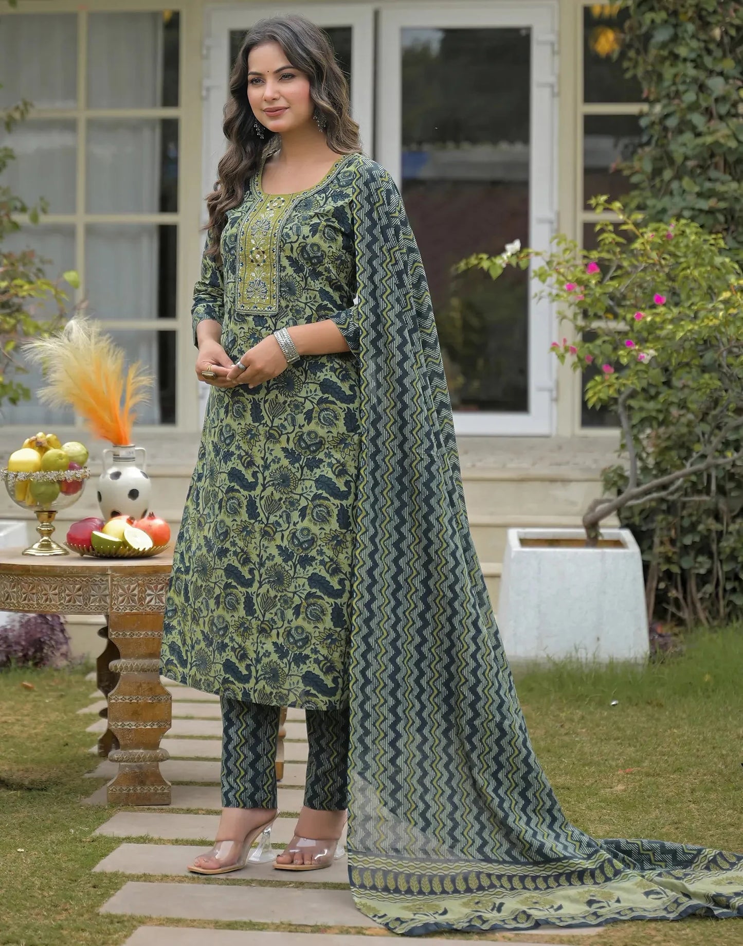 Cotton Embroidered Round Neck Straight Kurta with Pant & Dupatta