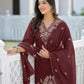 Cotton Embroidered V-Neck Straight Kurta with Pant & Dupatta
