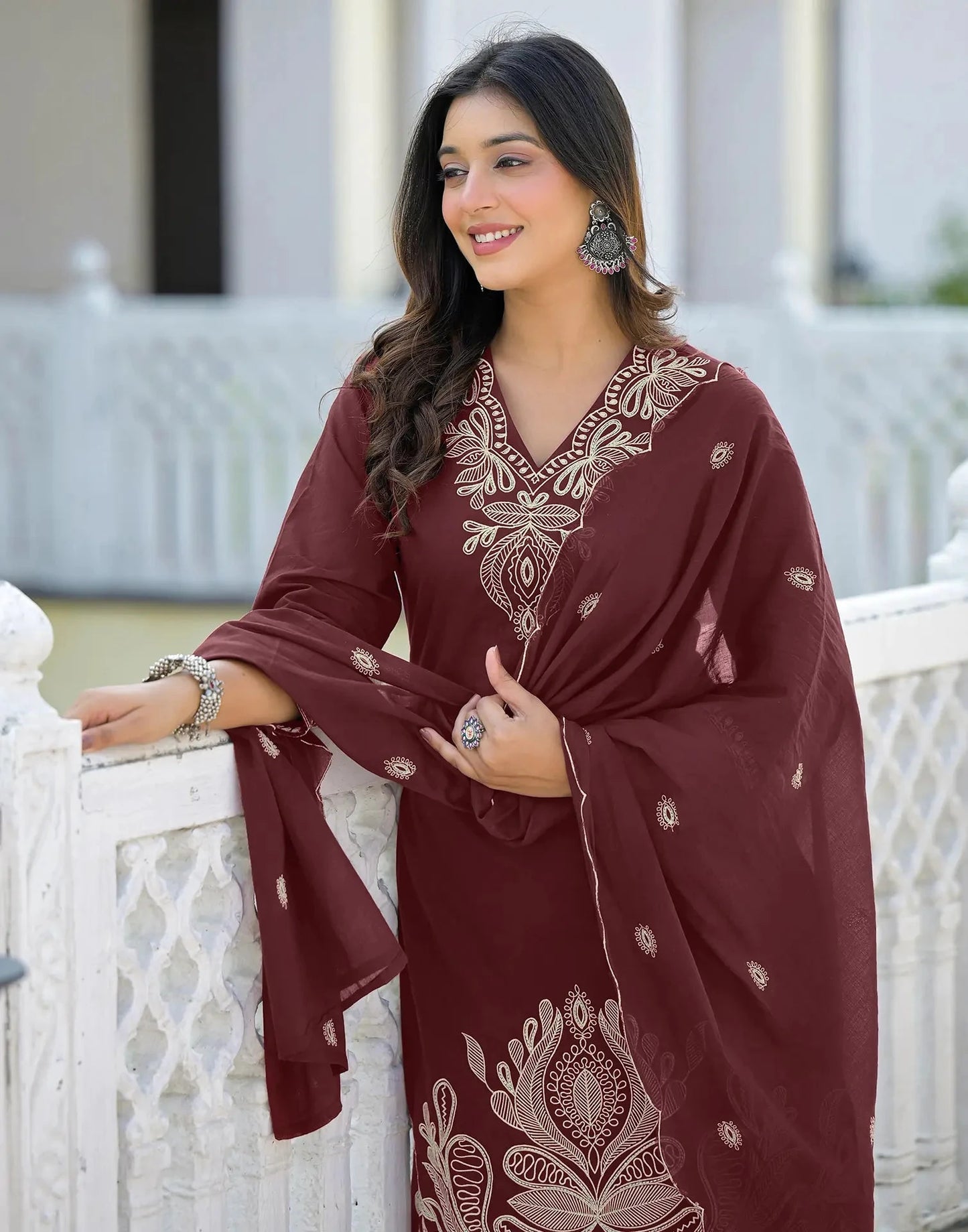 Cotton Embroidered V-Neck Straight Kurta with Pant & Dupatta