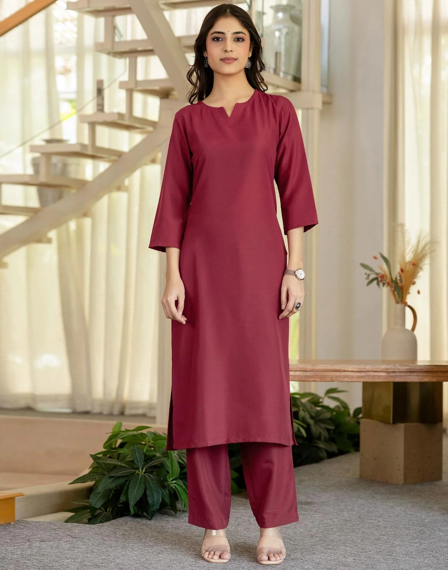 Skylee Viscose Rayon Plain Straight 3 Piece Kurta Set For Woman