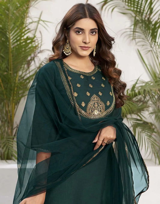 Silk Blend Dyed, Sequence Work and Lace Straight Kurta with Pant & Dupatta