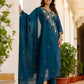 Skylee Blue Cotton Embroidered Straight Kurta Set for Women